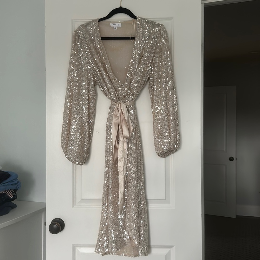 Sequin wrap dress with satin tie